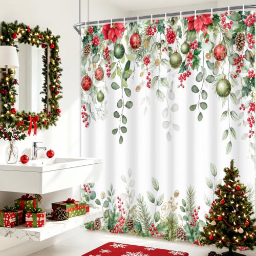 Christmas Eucalyptus Leaves Holly Shower Curtain Set with Hooks - Winter 72x72 Inches