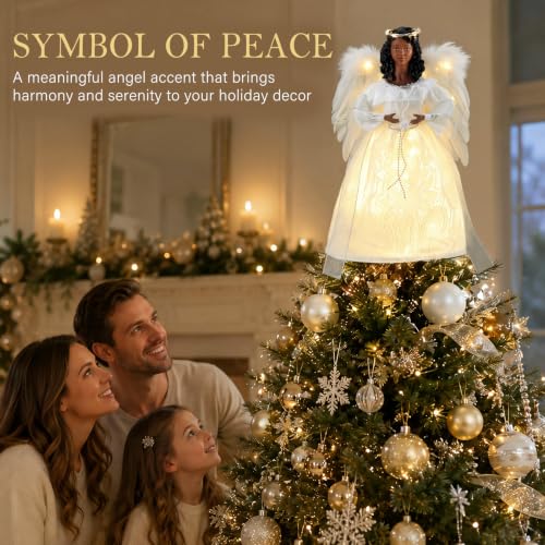 Black Angel Christmas Tree Topper with White Wings - Elegant 12.2 Inch Decor - White / Elegant
