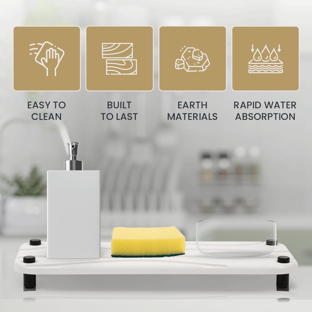 Skiennix 2pc Stone Drying Tray - Diatomite Sink Caddy & Organizer - Water Absorbing Bathroom Mat (White)