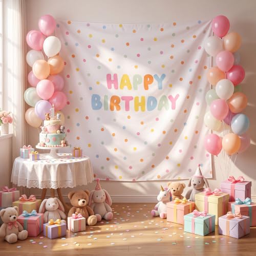 Happy Birthday Backdrop Tapestry Fabric Banner - Pastel, 59x59 Inches