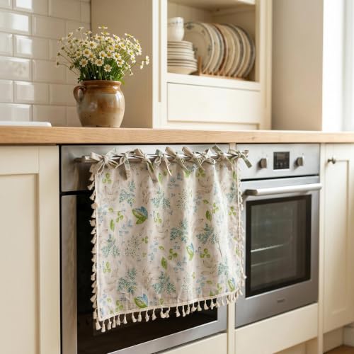 Mint Botanical Leaf Boho Tie Up Kitchen Curtain Linen Look Short Cafe Window Decor - 28x22 Inches