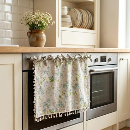 Mint Botanical Leaf Boho Tie Up Kitchen Curtain Linen Look Short Cafe Window Decor - 28x22 Inches