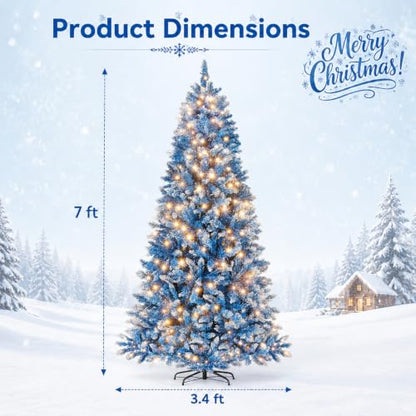7Ft Snow Flocked Artificial Blue Christmas Tree Pre-Lit with 8 Lighting Styles