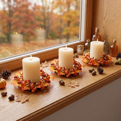 Orange Thanksgiving Candle Rings Set - Fall Pumpkin Wreaths for Decor