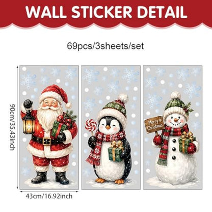 3pcs Christmas Snowman Window Clings - Large Winter Holiday Decor with Santa Penguin Snowflakes - Variation 1283