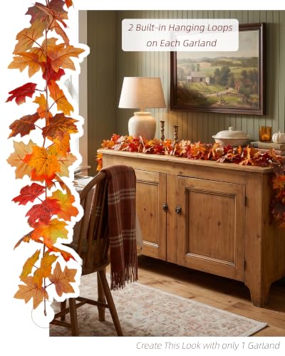 Fall Maple Leaf Garland 2 Pack, 5.9 ft Each, Autumn Decor for Mantel and Tabletop