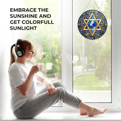 Star of David Hanukkah Suncatcher - Stained Glass Panel 11.8" - UV-Printed, Vibrant Decor