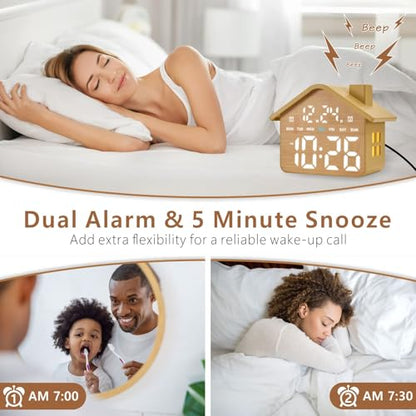 Brown Wooden Digital Alarm Clock with Large Display, Dual Alarms, Ambient Light, Bedroom Decor