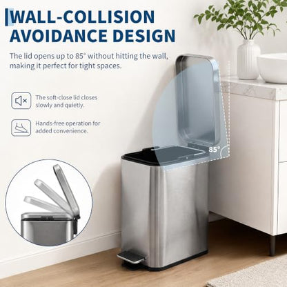 Small Bathroom Trash Can with Lid Soft Close 5L Stainless Steel - Variation: Stainless Steel 1.3 Gallon