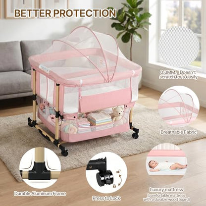 Pink Twin Bassinet for 2 Babies - Portable Rocking Bedside Crib for Twins