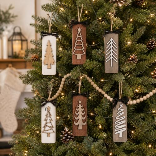 12 Pack Wooden Christmas Tree Ornaments - Rustic Farmhouse Holiday Decor