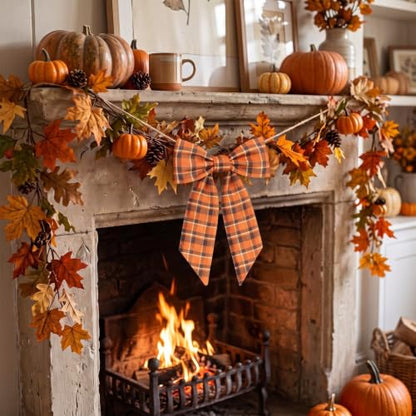 Fall Wreath Sash Orange Black Plaid Ribbon Bow for Front Door - 5x55.91 inches
