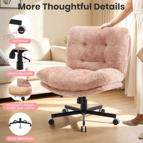 Pink Wide Plush Office Desk Chair with Criss Cross Rolling Design - Comfortable & Adjustable