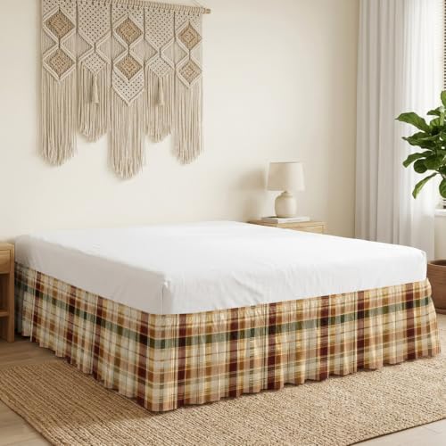 King Size Checkered Bed Skirt with Ruffle Wrap-Around - Brown, Green, Cream Variations