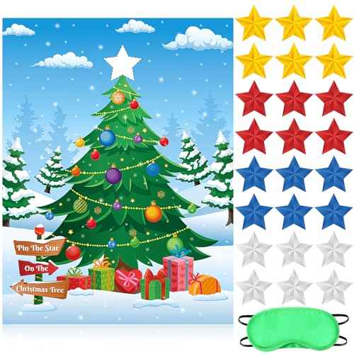 Faccito Pin The Star on The Christmas Tree Game Christmas Games for Party Xmas Games with Large Poster Sticker Blindfold Pin The Christmas Game for Holiday Group Family Winter Activities Supplies
