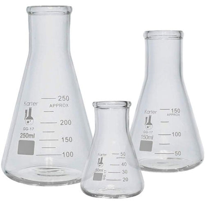 Karter Scientific Glass Erlenmeyer Flask Set - 3 Sizes: 50ml, 150ml, 250ml | Ideal for Experiments
