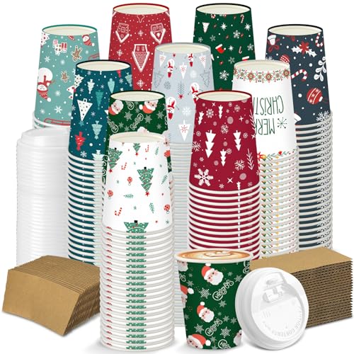 Christmas Paper Cups with Lids & Sleeves - Santa 12 oz Holiday Drinkware