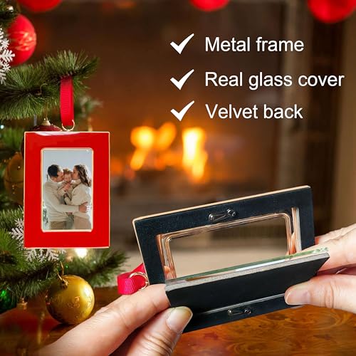 Christmas Picture Frame Ornaments Set of 4 - 2x3 Inch Red Mini Frames with Ribbon