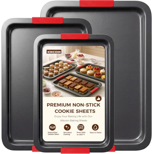 Nonstick Cookie Sheet Set of 3 - Carbon Steel Baking Pans with Lychee Handles, Gray Variation