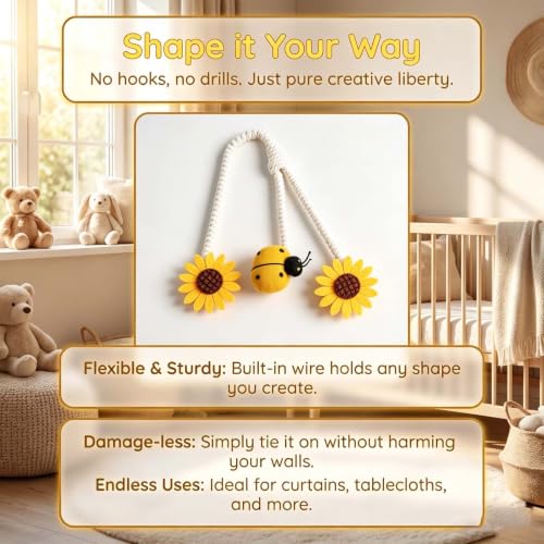 Sunflower Curtain Tiebacks with Ladybug Accent - 2 Pack, No Drill, Yellow