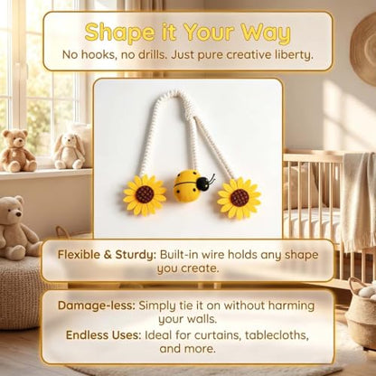 Sunflower Curtain Tiebacks with Ladybug Accent - 2 Pack, No Drill, Yellow