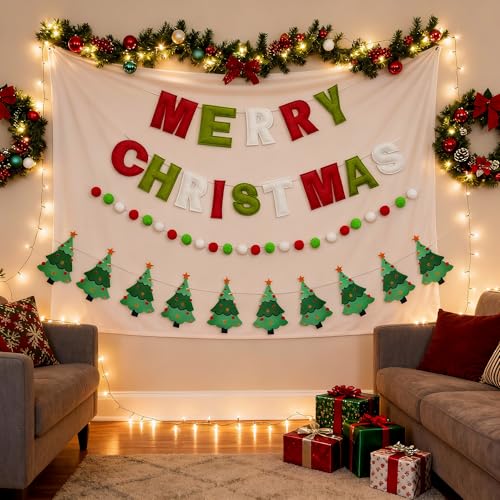 Christmas Felt Banner with Red Green Letters and Holiday Patterns - Moderate Variation