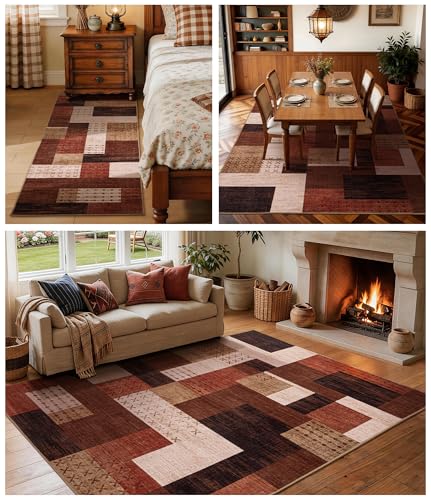 Brown 2x8 Hallway Runner Rug Non Slip Geometric Patchwork Carpet for Entryway