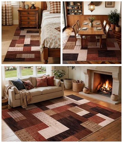 Brown 2x8 Hallway Runner Rug Non Slip Geometric Patchwork Carpet for Entryway