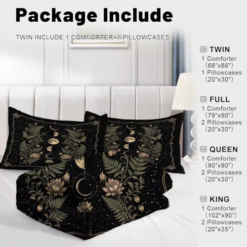 Moon Phase Queen Comforter Set - Celestial Bedding with Botanical Design - Variation Moon 01