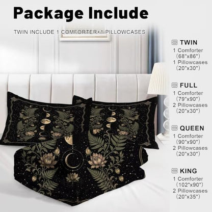 Moon Phase Queen Comforter Set - Celestial Bedding with Botanical Design - Variation Moon 01