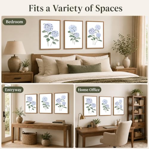 Framed Blue Hydrangea Wall Art Set - Botanical Floral Canvas Decor