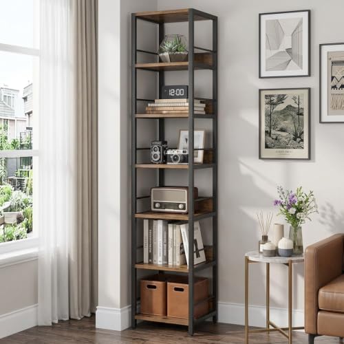 75-Inch Tall Corner Shelf with 6 Shelves Rustic Brown Narrow Bookcase