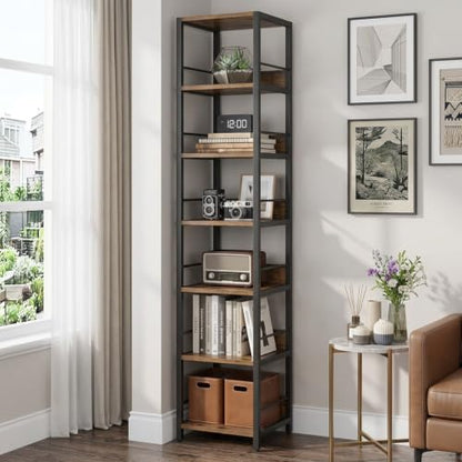75-Inch Tall Corner Shelf with 6 Shelves Rustic Brown Narrow Bookcase