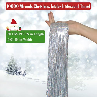 10000+ Silver Iridescent Christmas Tinsel Icicles for Holiday Decorations