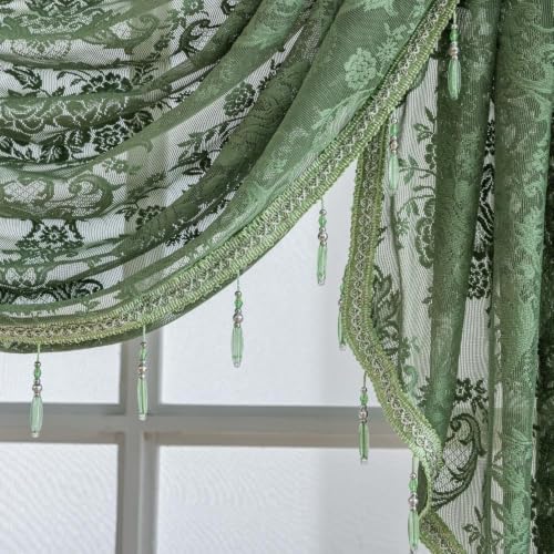 Dark Green Lace Waterfall Window Valance with Beaded Tassels - 59W x 41L