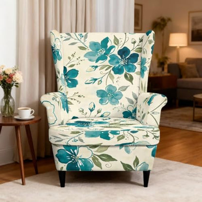 Teal Floral Wingback Chair Slipcover - Scratch-Resistant, Washable, Non-Slip Bottom, Durable Fabric