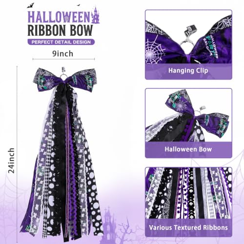 Halloween Wreath Sash for Front Door Black & Purple Ribbon Bows with Clip - Spooky Seasonal Decor