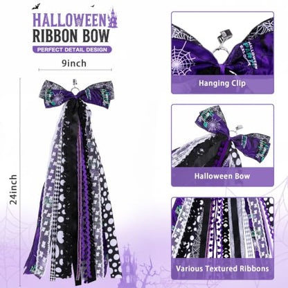 Halloween Wreath Sash for Front Door Black & Purple Ribbon Bows with Clip - Spooky Seasonal Decor