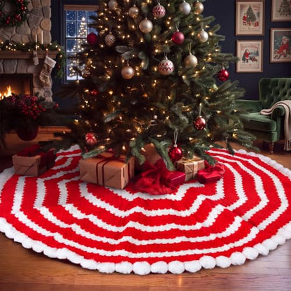 36 Inch Red White Crochet Christmas Tree Skirt with Pom Trim