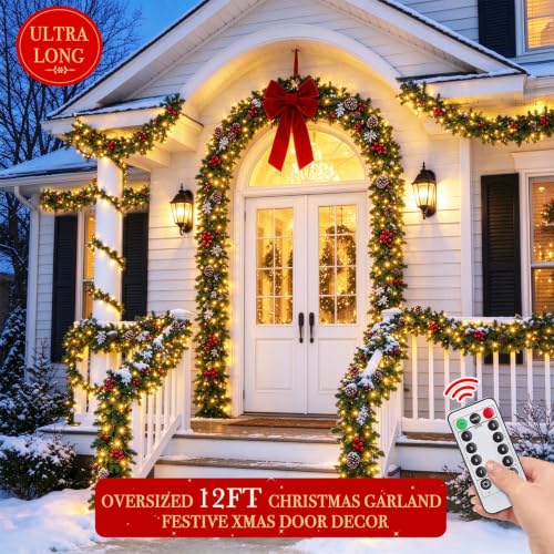 12 Ft Prelit Christmas Garland with Remote Control, 8 Modes & Timer, Warm White & Color Lights