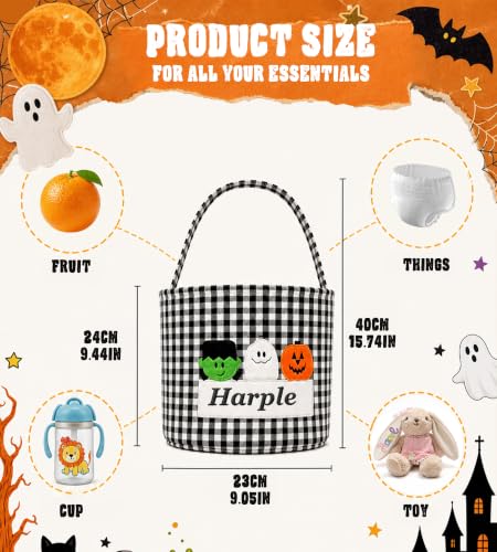 Personalized Halloween Gingham Basket with Embroidered Name - Black