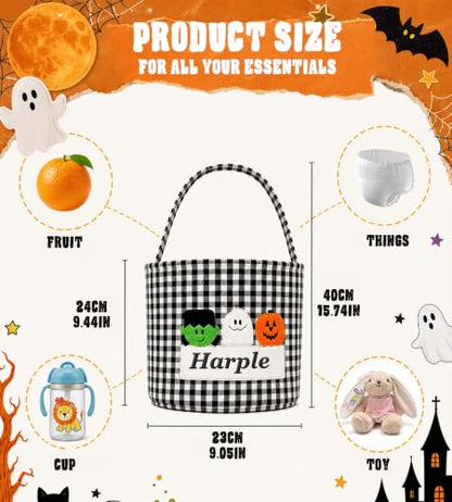 Personalized Halloween Gingham Basket with Embroidered Name - Black