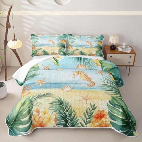 Cozy Twin Size Coastal Seahorse Quilt Set with Pillowcases - Green Blue