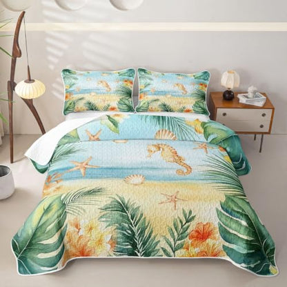 Cozy Twin Size Coastal Seahorse Quilt Set with Pillowcases - Green Blue