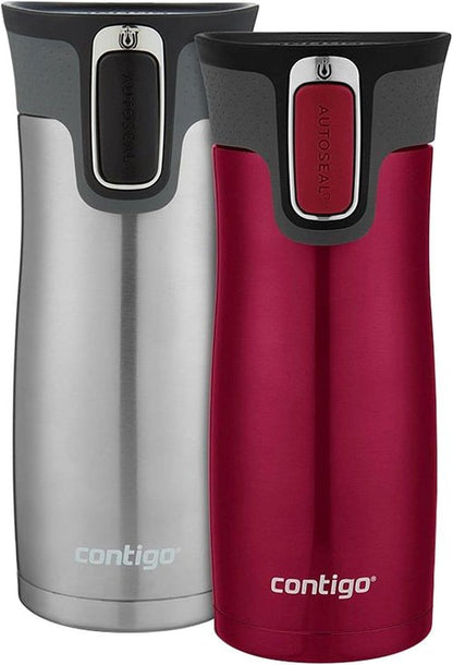 Contigo West Loop Travel Mug - Stainless Steel, Vacuum-Insulated, 16oz, Spill-Proof Lid | 2-Pack in Very Berry & Steel