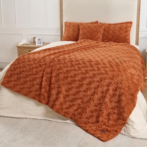 Faux Fur Rabbit Throw Blanket - Burnt Orange, 60x90 Inch Super Soft Plush Warm Blanket