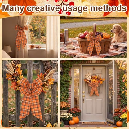Fall Wreath Sash Orange Black Plaid Ribbon Bow for Front Door - 5x55.91 inches