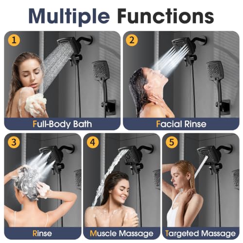 Black High Pressure Shower Head with Filters for Hard Water - Handheld & Fixed