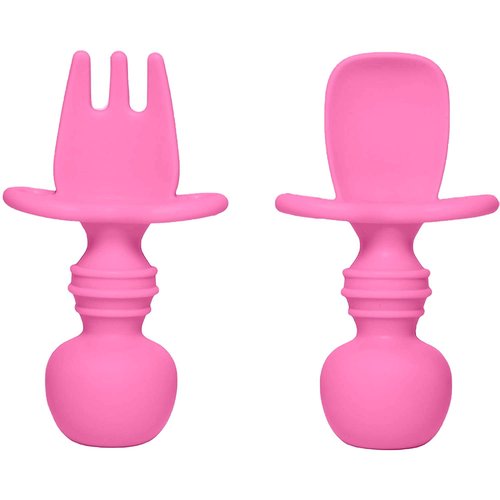 Silikong Silicone Utensils, Baby Fork and Spoon Set, Training Utensils, Baby Led Weaning Stage 1 for Ages 6 Months (Pink)