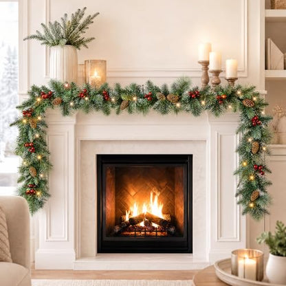 9ft Artificial Christmas Garland with Lights, Pine Cones & Red Berries